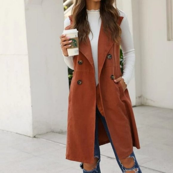 . Jackets & Blazers - Double Breasted Pocket Side Vest Coat - Rusty Brown
